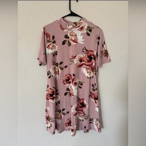 Floral Mauve Pink Mock Neck Dress Women’s Large Short Sleeve Fit & Flare